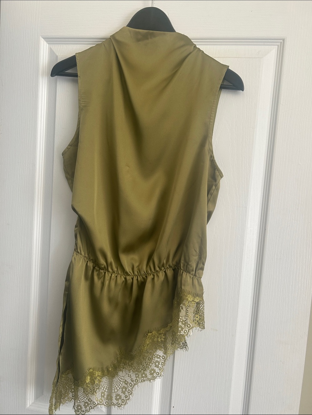 Commense Olive Satin Sleeveless Chemise with Lace Hem
